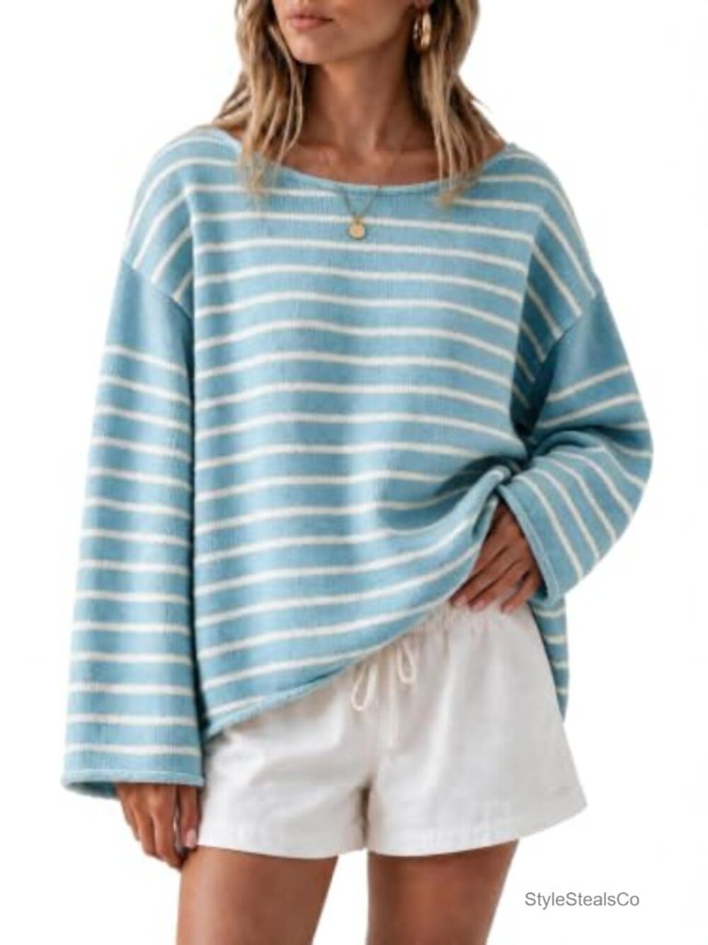 Oversized Striped Sweater Long Sleeve Boat Neck Pullover Knit Top